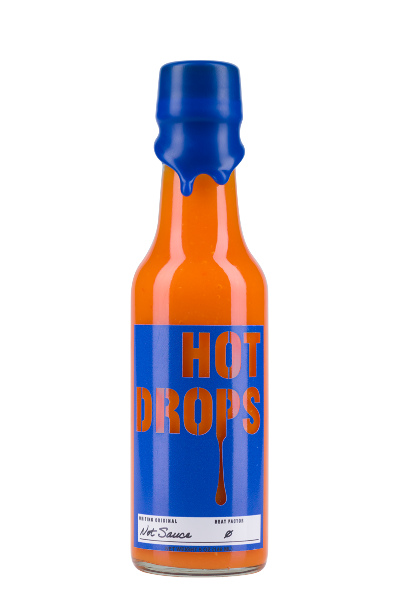 Picture of Not Sauce bottle. Not Sauce hot sauce is bright orange with a blue label.